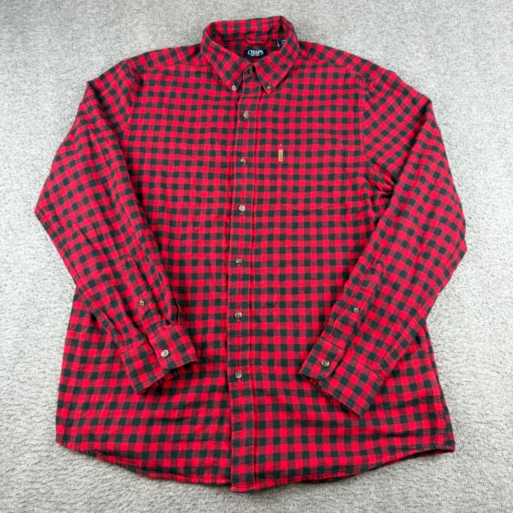 Chaps Button Down Shirt Men's Large Red Black Buffalo Plaid Performance Cotton